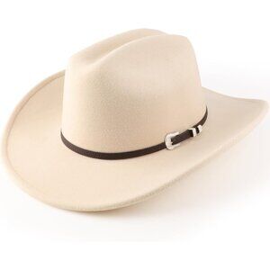 Women's Beige Western With Brim Belt Buckle Classic Fedora Cowboy Felt Hat